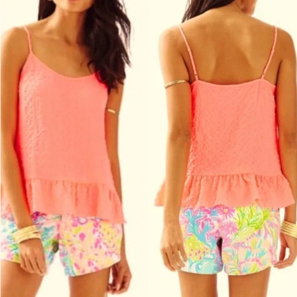 Lilly Pulitzer Coral Pink Textured Peplum Tank Top - Picture 3 of 7